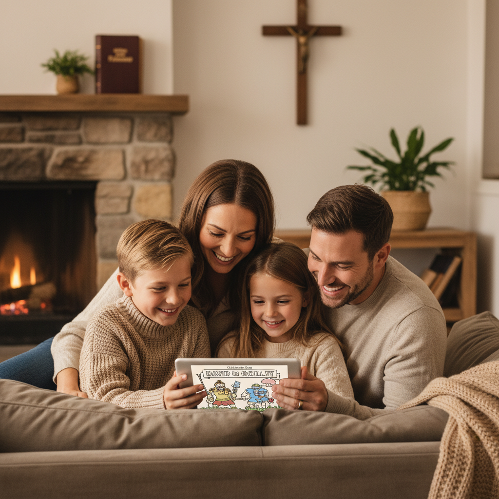 Família cristã usando o app Bíblia Doodles juntos