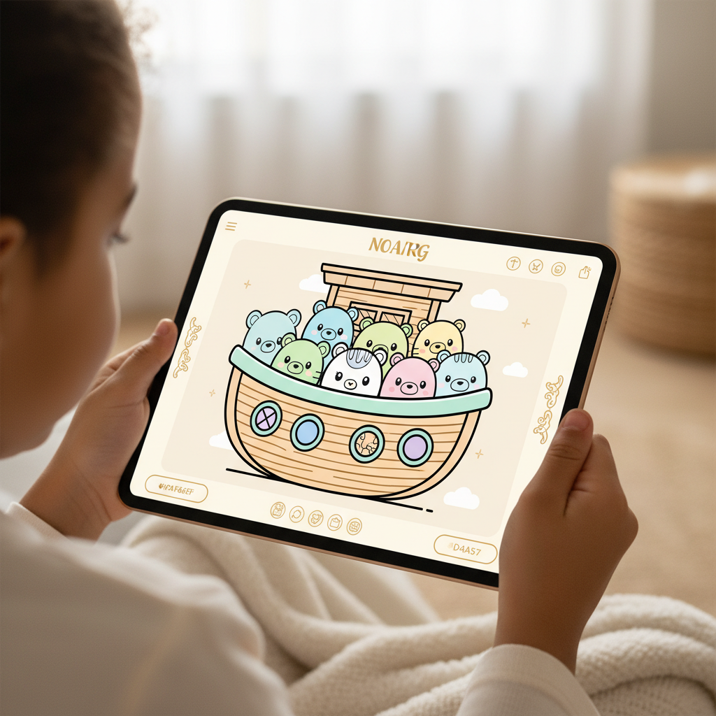 Criança usando o app Bíblia Doodles pra pintar a Arca de Noé