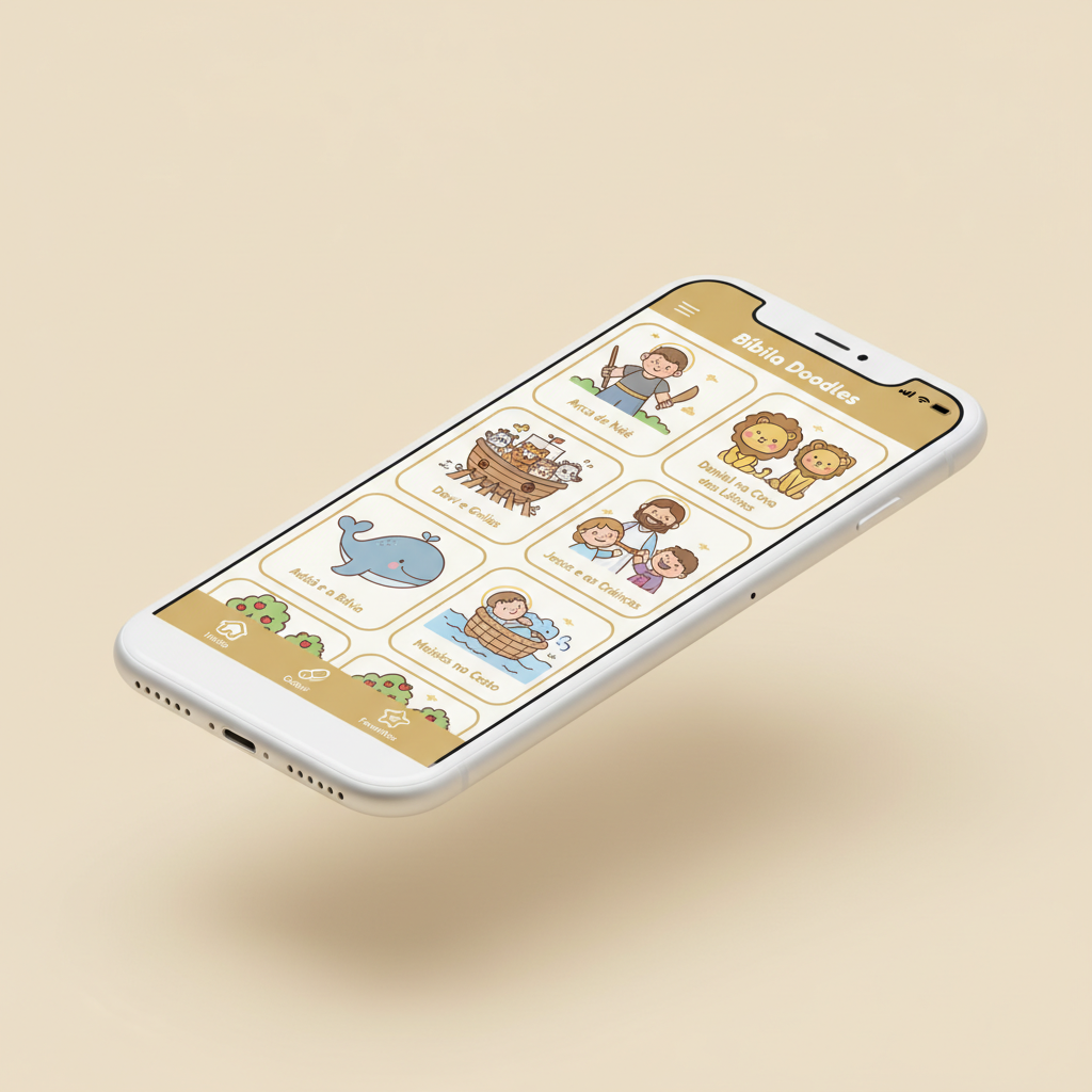 Tela do app Bíblia Doodles mostrando a biblioteca de histórias bíblicas